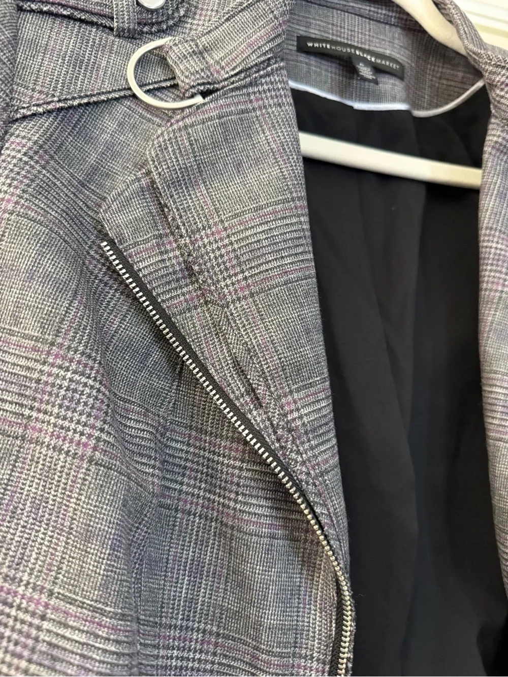 White House Black Market Gray Plaid Moto Jacket Cropped Zip Blazer Women’s Size